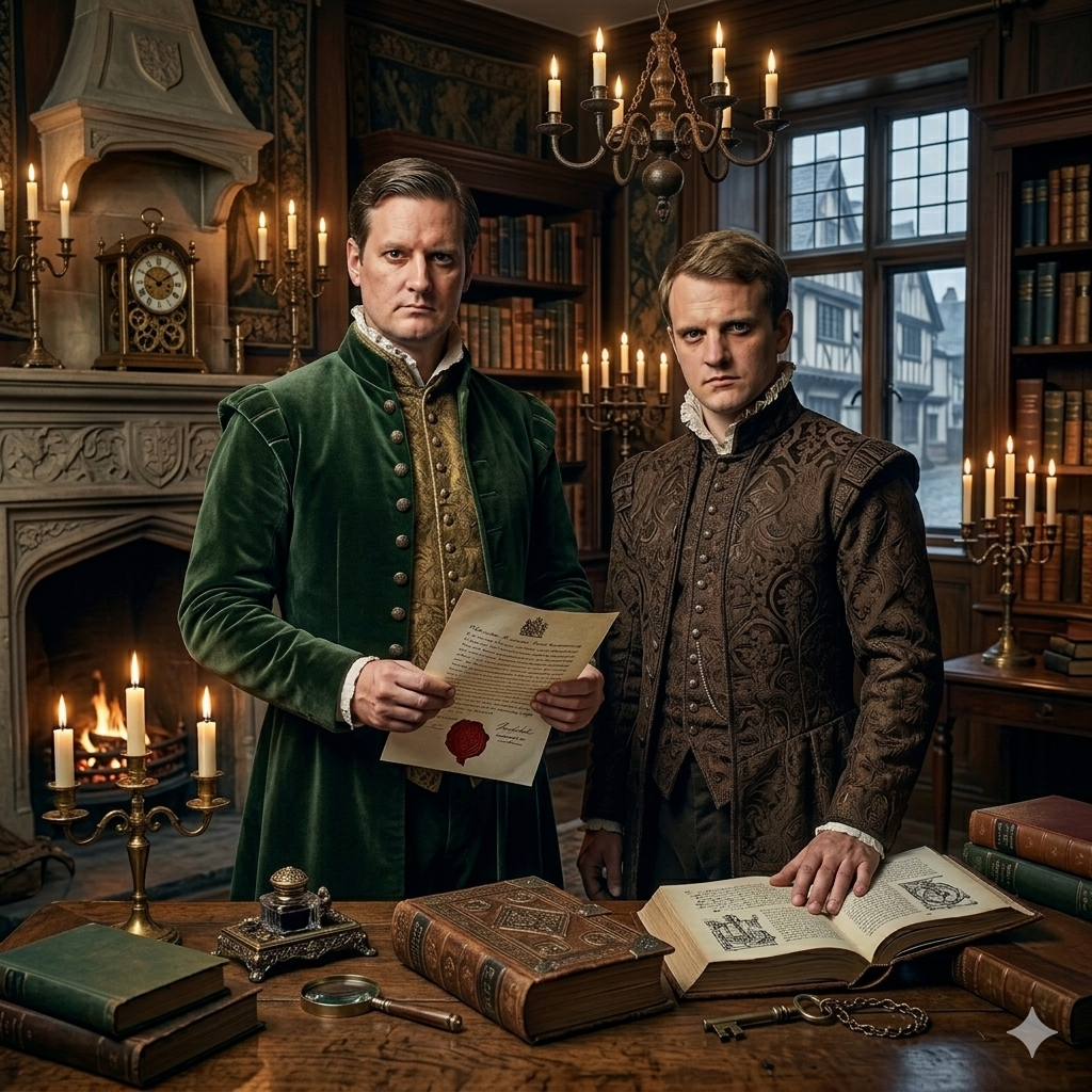 Figures in period dress under candlelight; a sealed letter held between them.